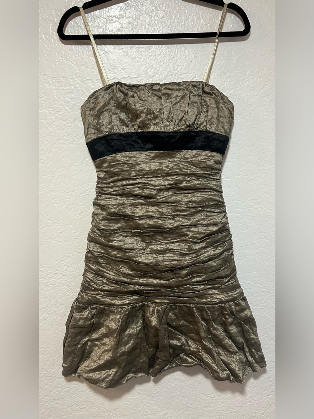 BCBGMaxAzria Strapless Metallic Gold Ruched Dress with Black Waistband